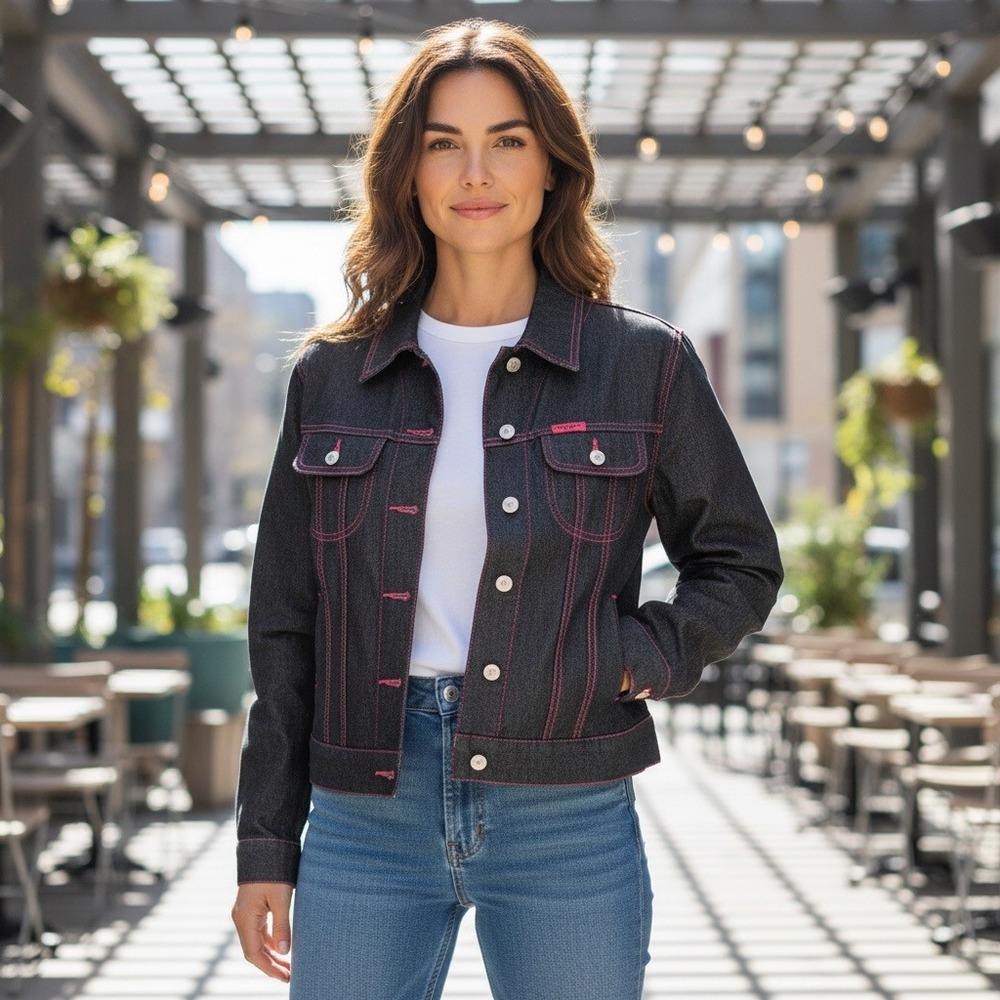 Vintage Crest Jeans Denim Jacket Women's Medium‎ Dark Wash Red Stitching Size M
